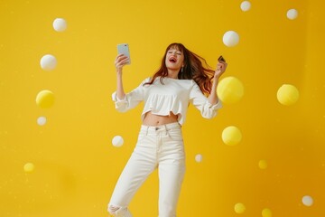 Fototapeta premium happy asiatic young woman with smartphone in yellow background with copy space