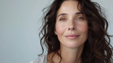 Naklejka premium Happy attractive confident young adult or mid aged European woman posing for beauty aesthetic portrait. Beautiful lady smiling on background, attractive female model looking at camera. Close up face .