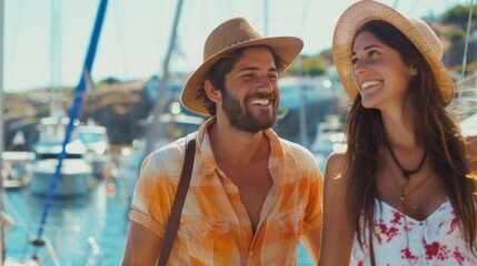 Happy young couple walking by the harbor of a touristic sea resort with sailboats on background