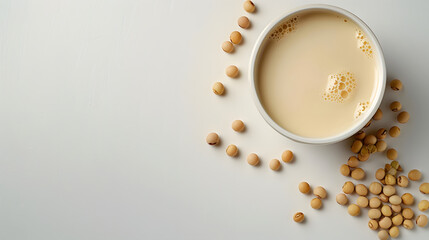 Cup of soybean milk on white background with copy space. Flat lay composition for design and print. Vegan beverage and healthy eating concept