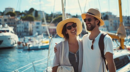 Happy young couple walking by the harbor of a touristic sea resort with sailboats on background