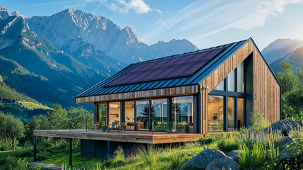 chalet en bois recouvert de panneaux solaires dans la montagne
