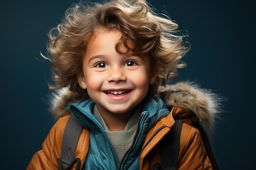 With boundless enthusiasm, a smiling little bot wearing a backpack stands out against a blue backdrop, capturing the essence of the first day back to school