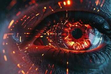 Close up of red digital eye, technology concept, data network and cyber security technology. Futuristic