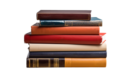 Books are stacked on a transparent background.