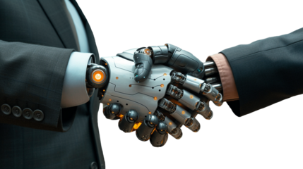A human and a robot are shaking hands on transparent background.