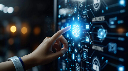 Hand touching a screen, artificial intelligence technology.