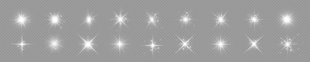 Stars bright white. Glow light effect. Transparent light effect sparkl, lens flare, explosion, glitter, sun flash, sparks and stars. Sunlight, abstract special effect.	 - obrazy, fototapety, plakaty