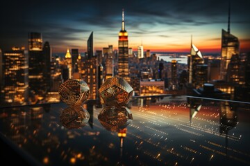 A futuristic digital cityscape provides the perfect setting for the stock market concept, highlighting the interconnectedness of urban life and financial markets