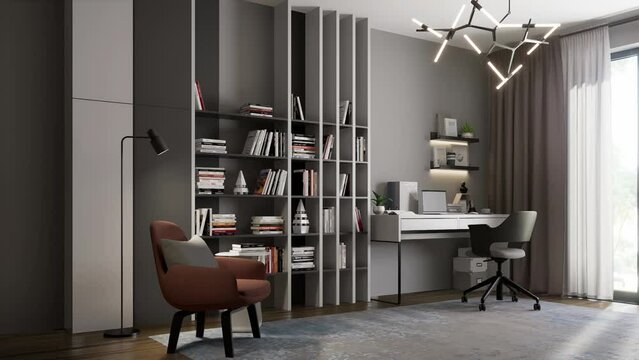 3D-render. Interior workspace with a small library and reading area in a modern style.