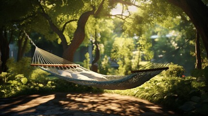 A hammock swaying gently in the breeze beneath the shade of a leafy tree, inviting relaxation on a lazy summer afternoon