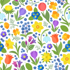 Spring flowers bloom vector seamless pattern. Colorful repeat design vibrant floral illustration. Spring flower crocus, snowdrop, daffodil, tulip, forget-me-not, California poppy. Spring background.