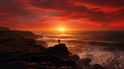 Fotobehang A lone figure silhouetted against a fiery sunset, standing on the edge of a cliff overlooking a vast expanse of ocean stretching to the horizon © SHAPTOS