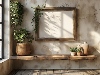 Mockup with a wooden shelf and picture frame on a wall