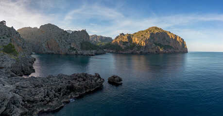 panorama landscape view of the rugged and mountainous coastline at Sa Calobra in northern Mallorca