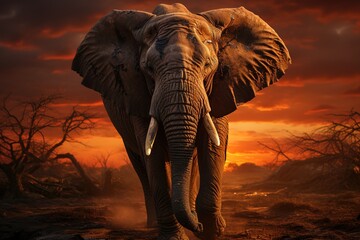 As the day draws to a close, an elephant wanders through its natural environment, bathed in the soft light of the setting sun