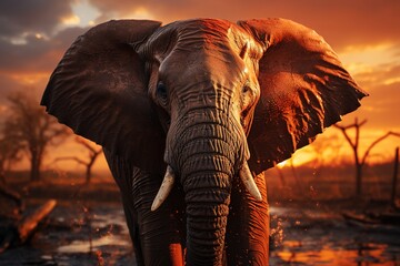 As the day draws to a close, an elephant wanders through its natural environment, bathed in the soft light of the setting sun