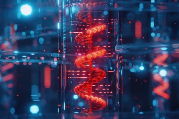 Obraz premium Test tube with red DNA Medical technology, concepts, analysis results scientific pictures Technology Concept Futuristic Background