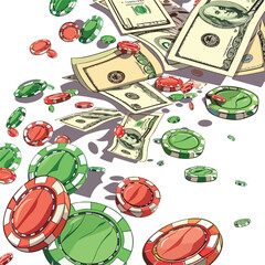 Dynamic cascade of casino chips and dollar bills