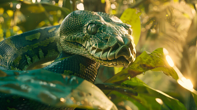 Giant green tree python stalking prey.