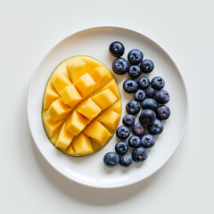 Mango and blueberries on a white plate on a white background.Minimal concept. 