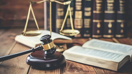 Symbolize the principles of justice and legal authority with an image featuring a gavel, scales of justice, and a law book arranged on a table. Generative AI technology