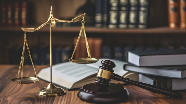 Symbolize the principles of justice and legal authority with an image featuring a gavel, scales of justice, and a law book arranged on a table. Generative AI technology