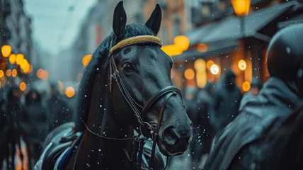Fotobehang Majestic horse strides through city streets adorned in tailored sophistication, embodying street style. The realistic urban setting captures the grandeur of equine elegance fused with contemporary fas © Дмитрий Симаков