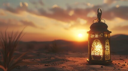 Lantern in the desert at sunset. Ramadan Kareem background