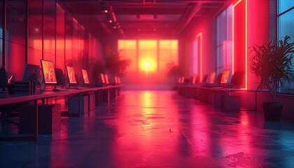 Modern neon cyberpunk open space office interior blurred with information technology overlay. Corporate strategy for finance, operations, marketing. Tables with computers for work. Technology