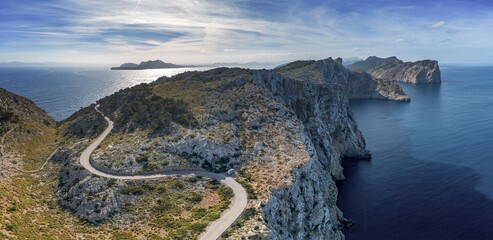 panorama landscape view of the curving road and rugged Cap de Formentor in northwestern Mallorca