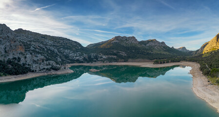 aerial view of the picturesque Gorg Blau mountain lake and reservoir in the Serra de Tramuntana...