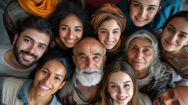 Portrait diverse group of people with smiles, Large group and multi-generation people, ethnicities, ages, social diversity, community outreach and teamwork, friendship, social responsibility