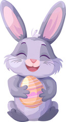 Happy Easter bunny holding eggs, cartoon style, isolated on transparent background. PNG