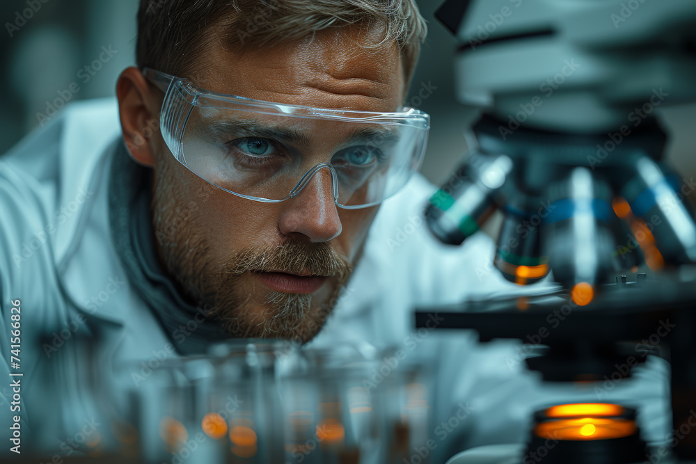 Poster a meticulous scientist peering through a microscope, examining intricate cellular structures. concep