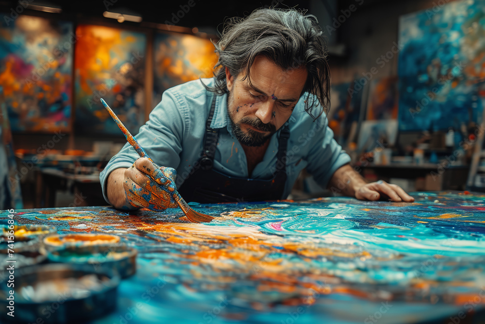 Poster a focused artist passionately working on a large canvas, creating a vibrant and expressive painting.
