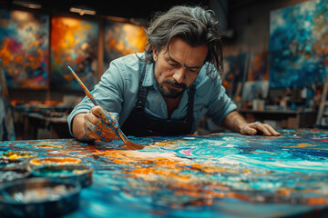 A focused artist passionately working on a large canvas, creating a vibrant and expressive painting. Concept of artistic creativity and expression. Generative Ai. - obrazy, fototapety, plakaty