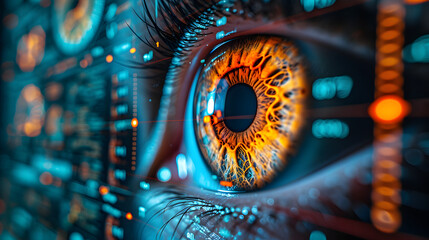 Close-up of a human eye undergoing an ophthalmologic examination. Vision health and eye care concept. Design for medical brochure, poster. Macro photography with detailed iris texture - obrazy, fototapety, plakaty