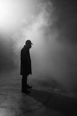 Obraz premium Man in Coat and Hat Standing in Foggy Area. Generative AI