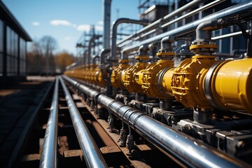 Vivid yellow pipelines and valves adorn the exterior of a factory, highlighting the critical role of infrastructure in supporting industrial activities