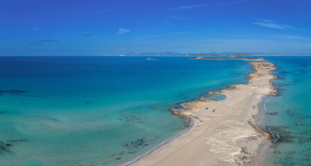 aerial view of the Platja de Ses Illetes beach and isthmus in northern Formentera