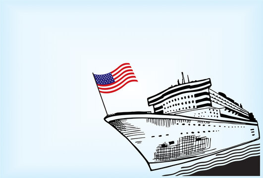 The United States or U.S. Navy Birthday copy space greeting card. Ship with waving US flag for background, banner, card, poster, blank to add text . 