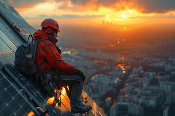 Fototapeta premium Engineer Installing Solar Panels. A skilled technician in safety gear meticulously installs solar panels on a roof against a blue sky, symbolizing renewable energy advancement.