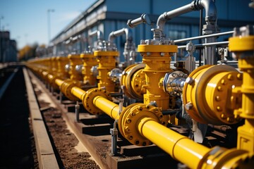 Bright yellow pipelines and valves crisscross the exterior of a factory, serving as a visual testament to the intricate engineering required for industrial operations - obrazy, fototapety, plakaty