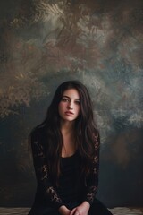 Fototapeta premium Woman Sitting on Bed in Front of Painting. Generative AI