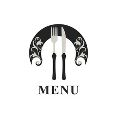 Menu Logo Template. Knife, fork and dish. Elegant Drawn Emblem. Floral Ornament. Creative Monogram with Inscription. Brochure cooking Design for Cafe, Restaurant, Bar. Vector illustration