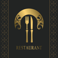 Restaurant Logo Template. Golden Knife, fork and dish. Elegant Drawn Emblem. Floral Ornament. Creative Monogram with Inscription. Brochure cooking Design for Cafe, Restaurant, Bar. Vector illustration