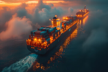 Cargo ship loaded with colorful containers aerial view. Global trade and transportation concept. Design for banner, logistics and shipping materials. Aerial photography with copy space
