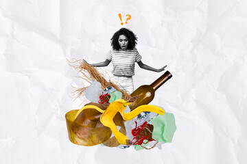 Creative magazine drawing collage picture of surprised shocked girl pile garbage landfill plastic...