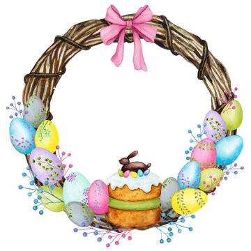 Easter wreath filled with painted eggs and baked goods. Hand drawn watercolor illustration. Design for greeting cards, invitations, labels, posters, textiles with place for text.
